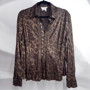 Alberto Makali Metallic Leopard Print Button-Up Blouse XL Long Sleeve Tunic Top